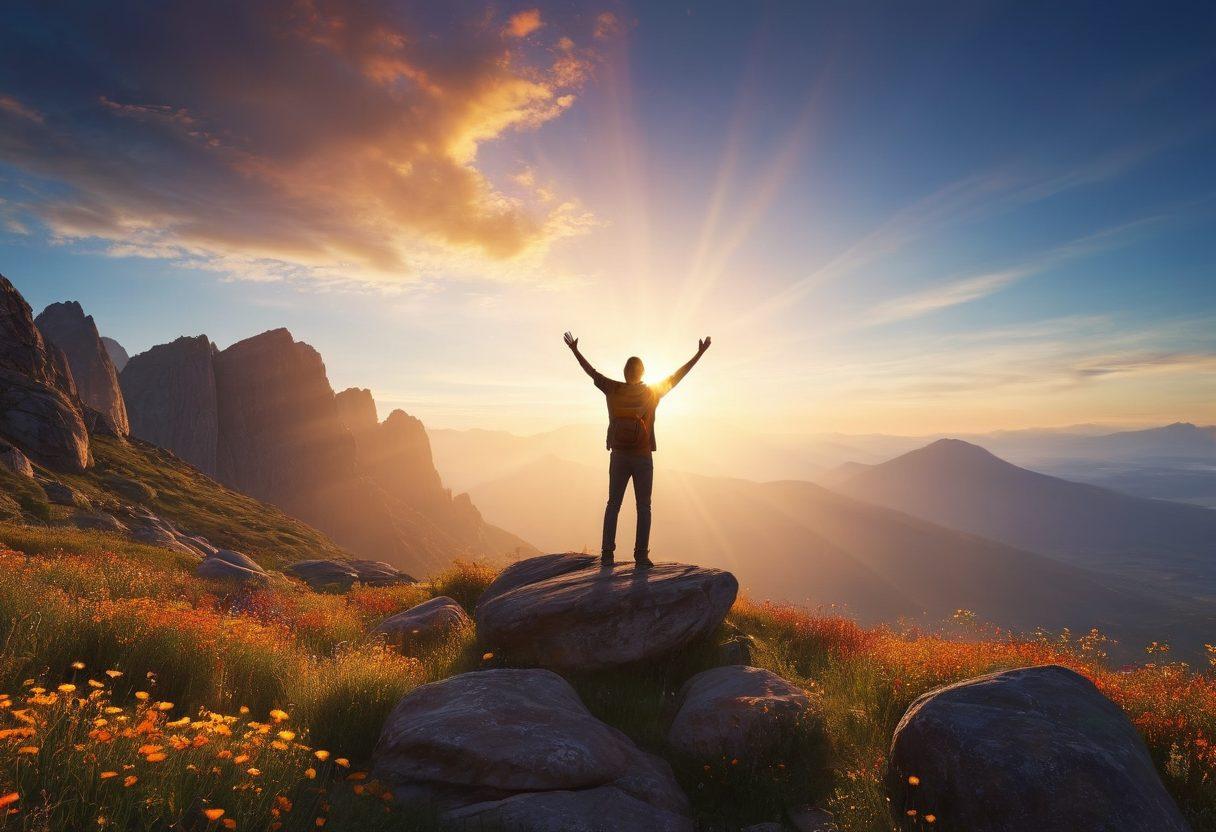 A powerful silhouette of a person standing on a mountain peak at sunrise, arms raised in triumph, surrounded by vivid rays of light symbolizing strength and resilience. In the foreground, rocks and wildflowers emphasize the rugged journey. The sky transitions from deep blue to golden hues, conveying hope and determination. super-realistic. vibrant colors. dramatic lighting.