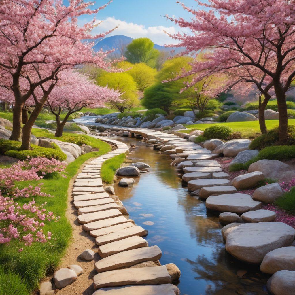 A serene landscape showcasing a peaceful zen garden, where a person practices mindfulness through meditation on a stone path. In the background, vibrant cherry blossom trees symbolize self-improvement and growth, while a gentle stream flows, reflecting tranquility. The scene should convey strength and calmness, with soft, warm colors enhancing the atmosphere. impressionist style. vibrant colors. nature-focused.