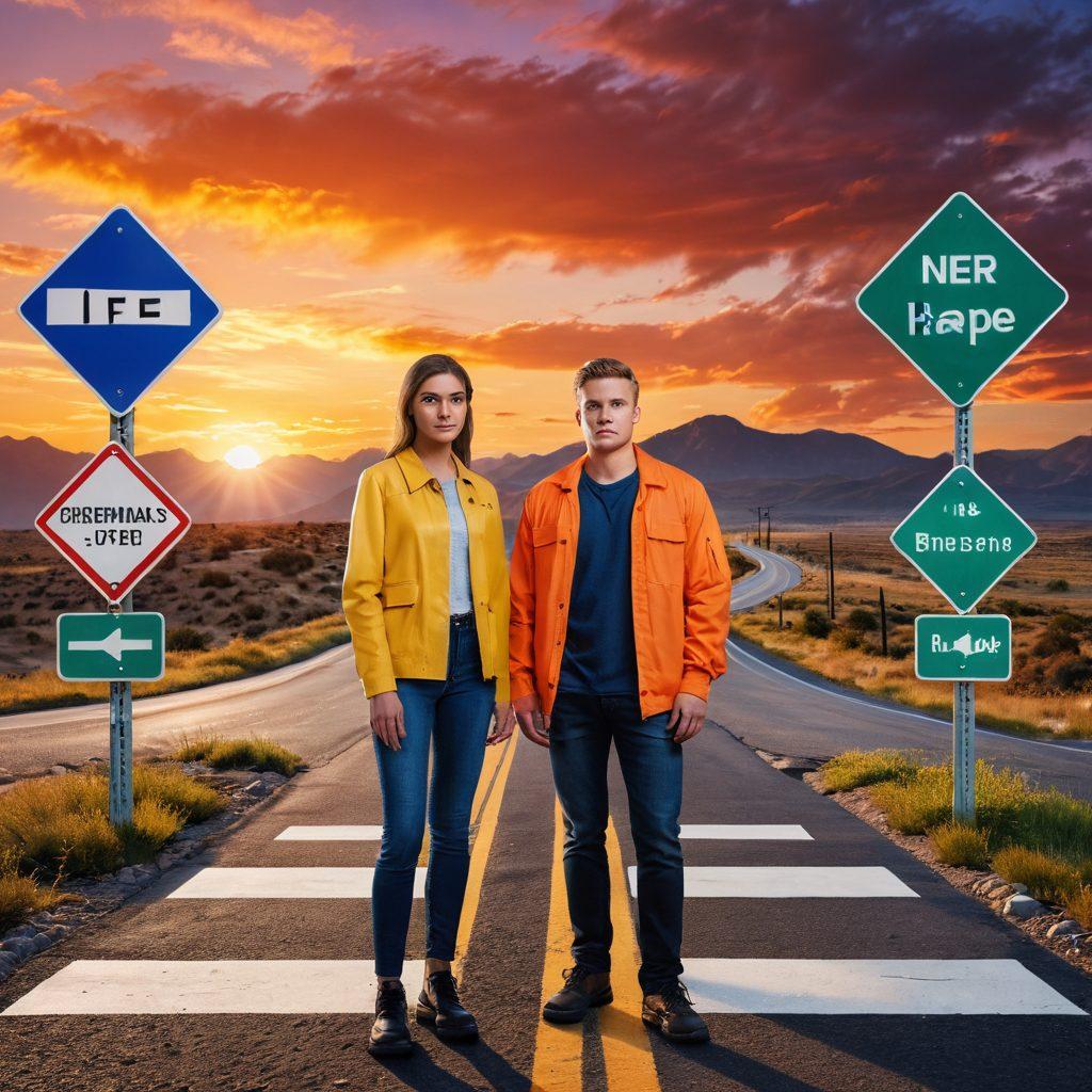 A confident individual standing at a crossroads, facing various road signs labeled with different life challenges, radiating a strong sense of determination. The background features a vibrant sunset, symbolizing hope and new beginnings. Include elements of nature like mountains and flowing streams to represent growth and resilience. super-realistic. vibrant colors. cinematic lighting.